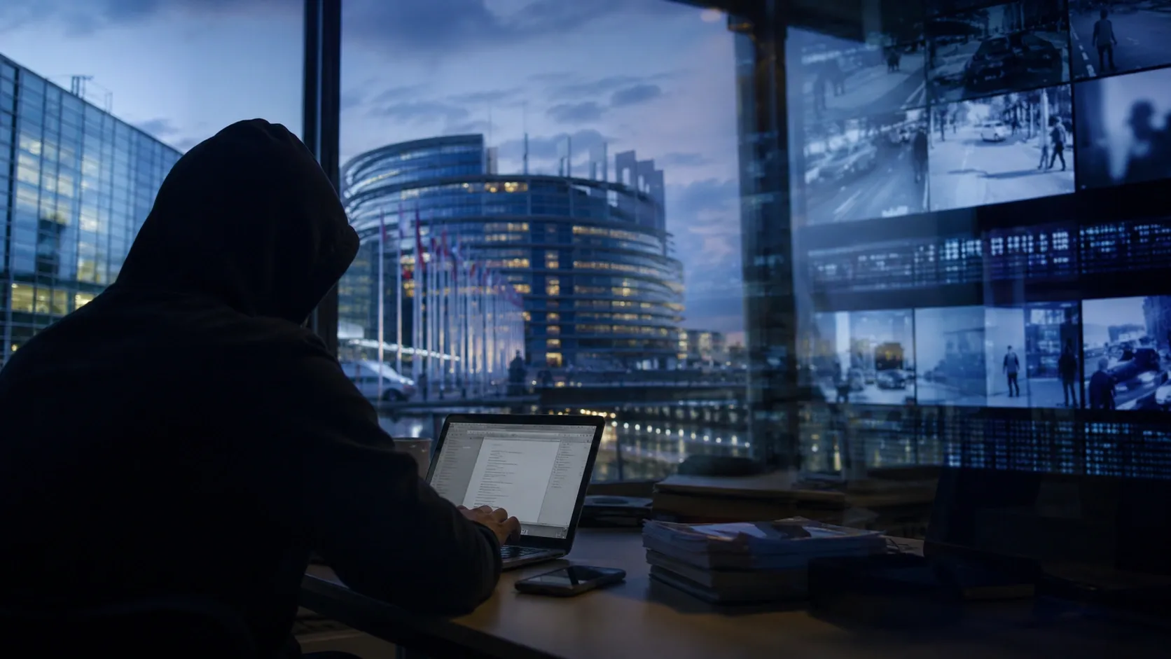 A person in the hoodie is using spyware on their laptop