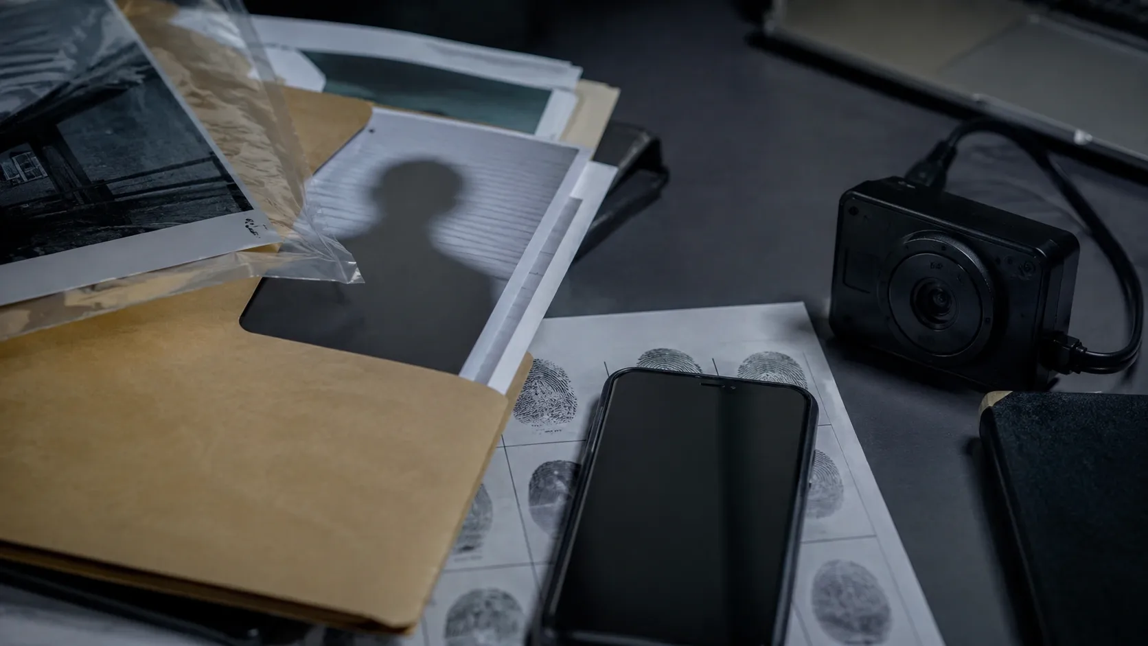 A smartphone, pictures, fingerprints, and other personal data lay on a table