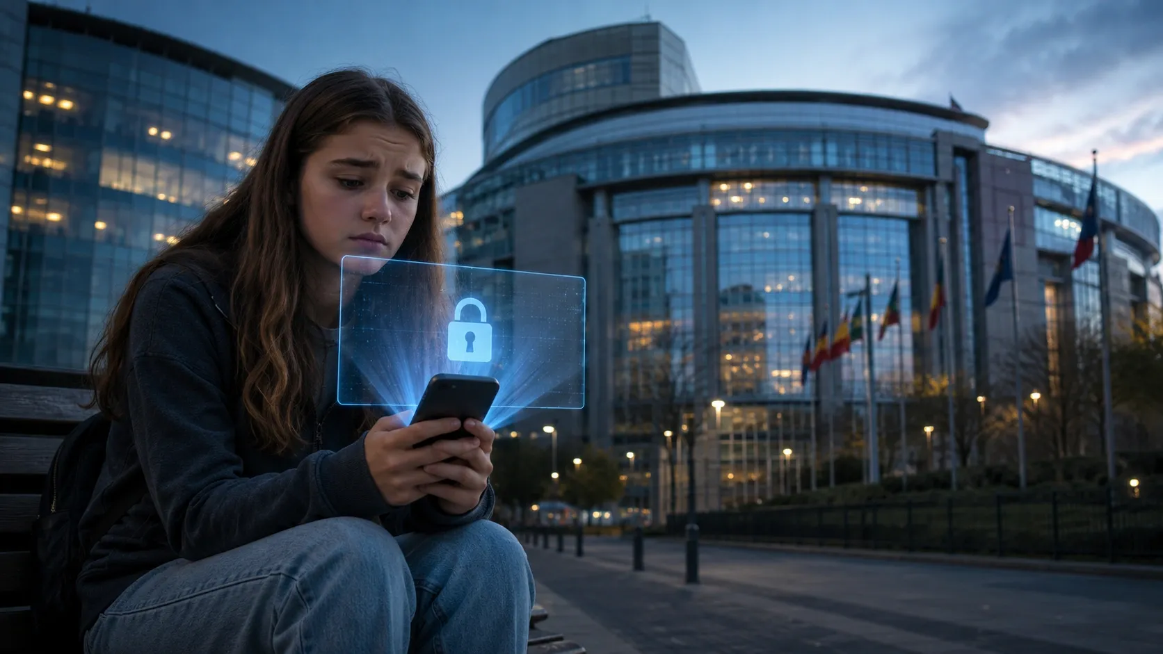 Upset teenager in Europe is sitting on a curb, unable to access social media on her phone