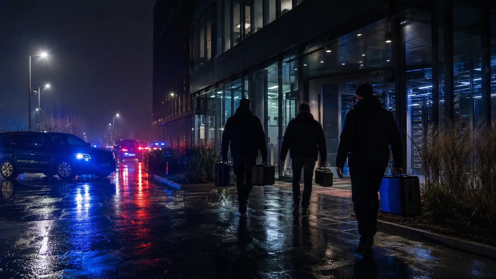 Europol officers are carrying the evidence after raiding the cybercrime-supporting VPN headquarters