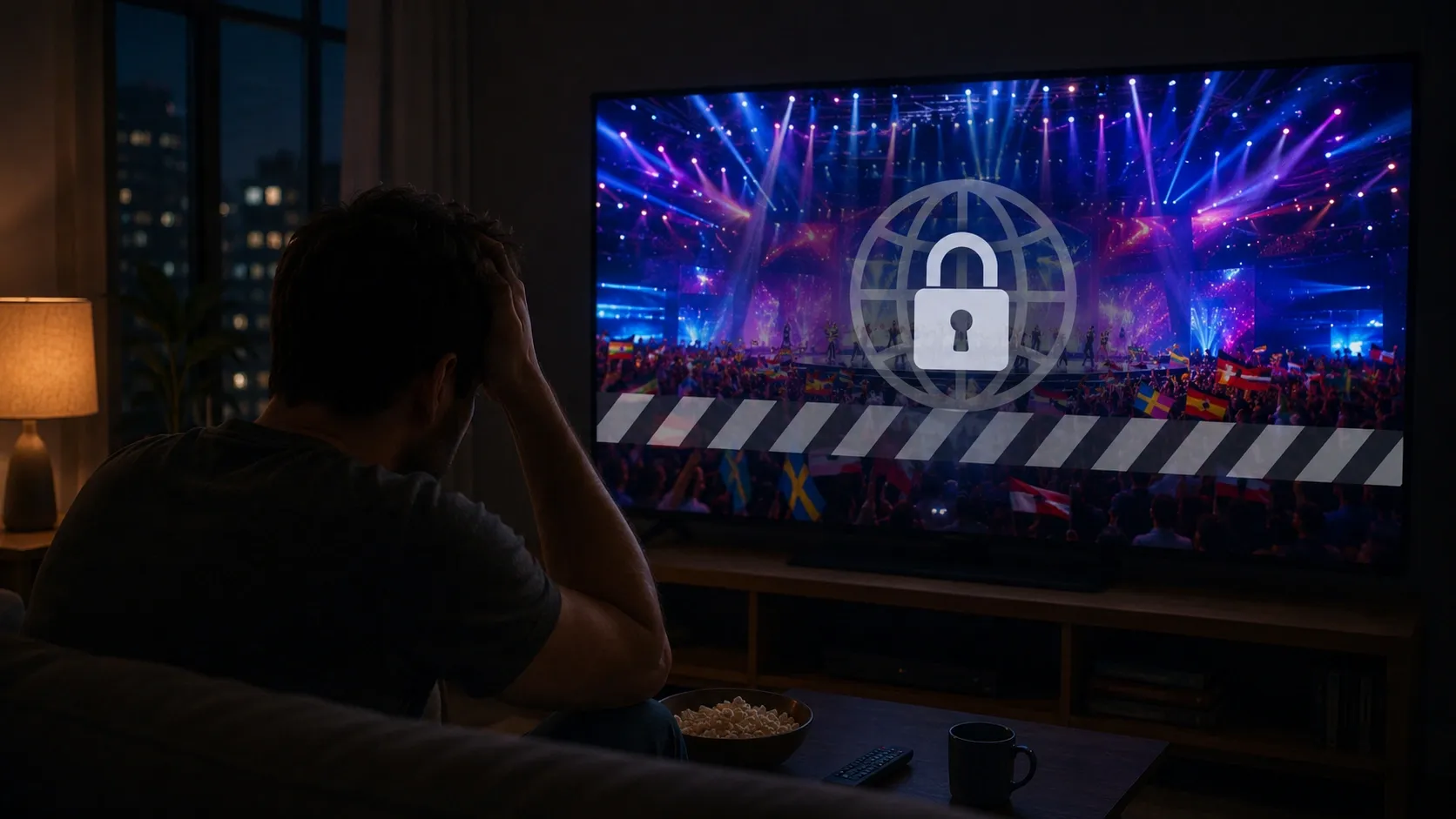 A person is trying to watch Eurovision on their TV at home but has their access restricted due to geoblocking