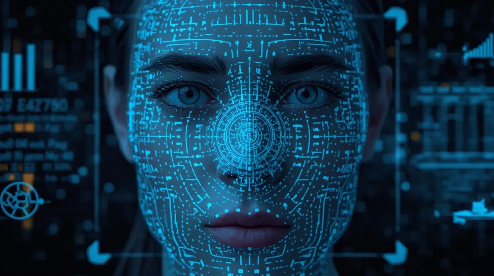 An abstract illustration of a woman's face ID being scanned