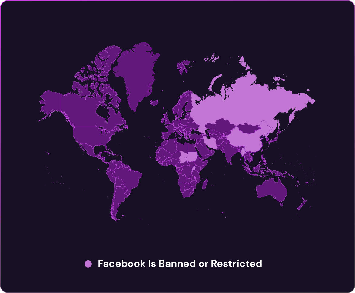World map highlighting countries where Facebook is banned or restricted, shown in varying shades of purple.
