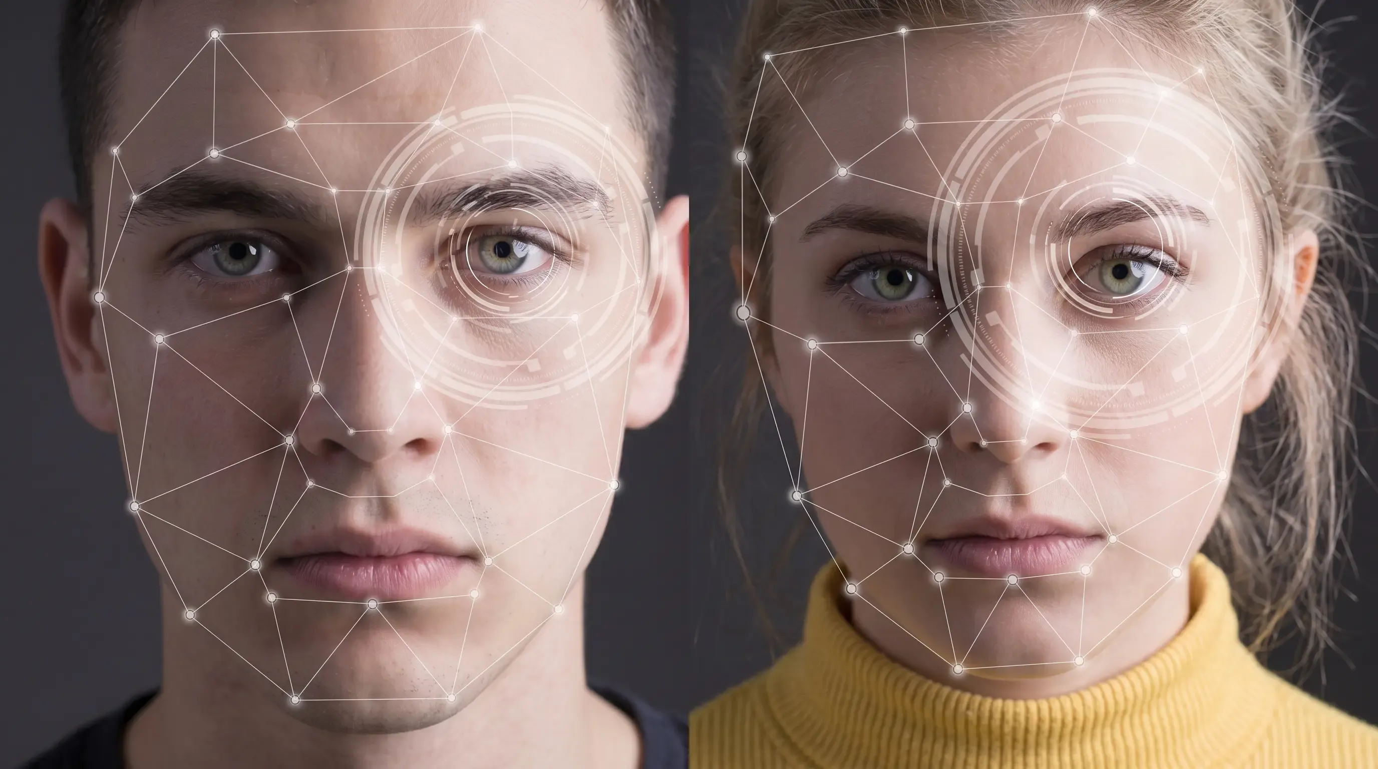 A closeup image of a man's and woman's face