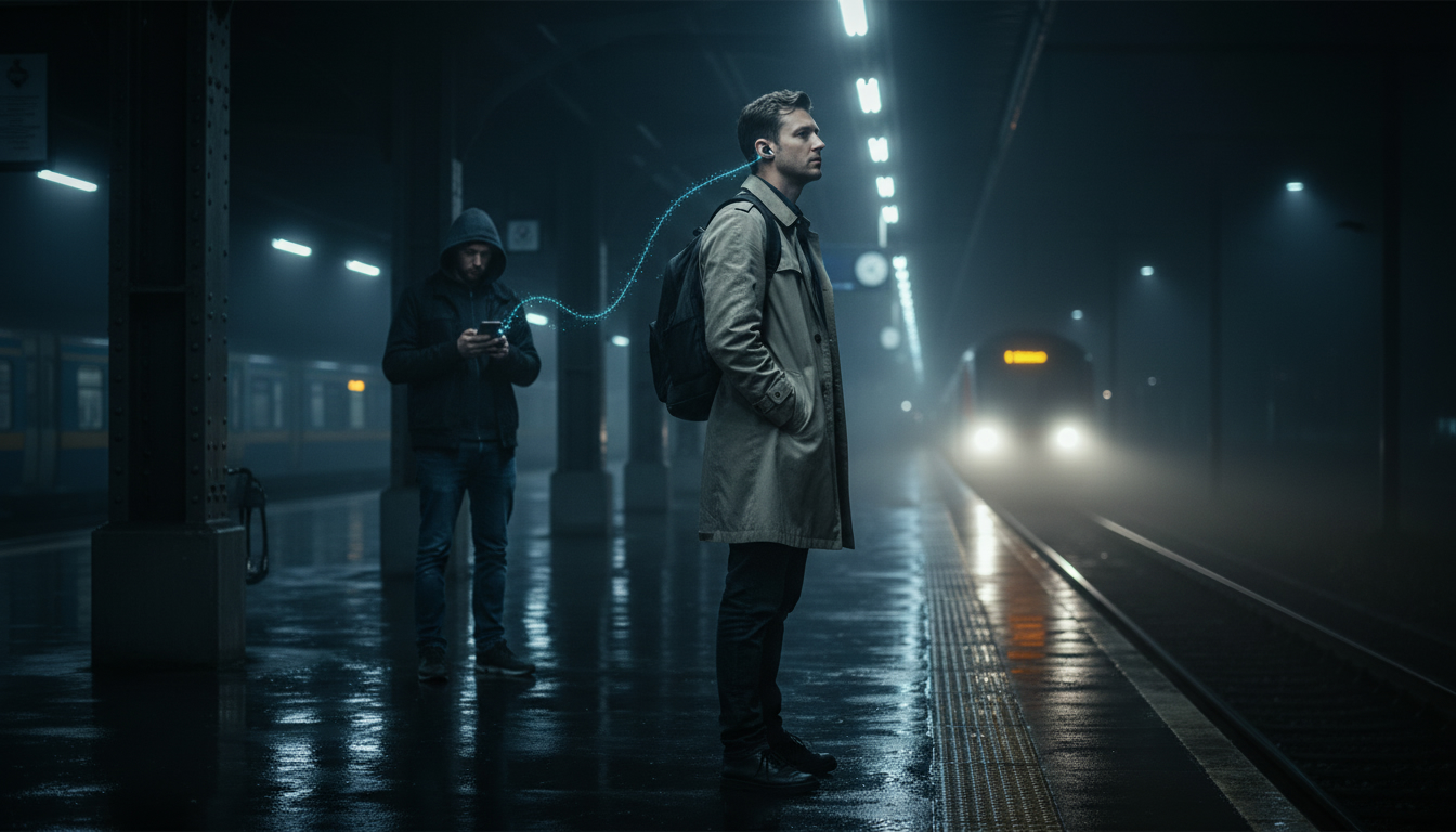 A commuter is standing in a train station with the train arriving while a hacker in the background is quietly hacking the commuter's fast pair bluetooth earbuds