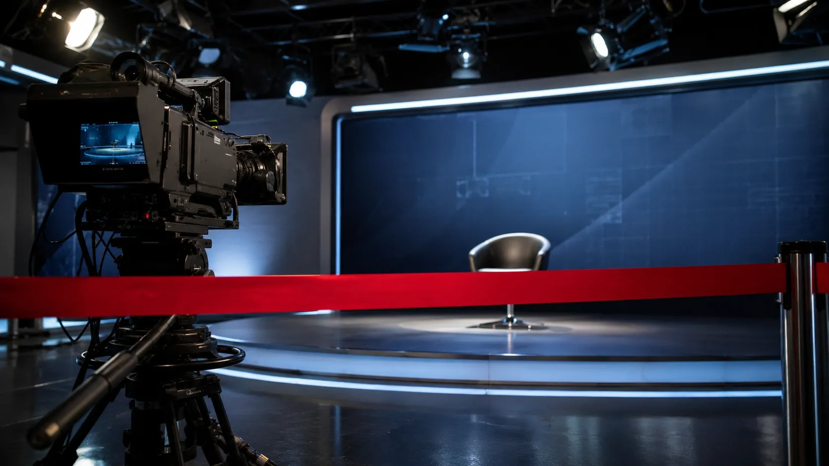 A studio with a camera and an empty chair in front and a red line blocking the way