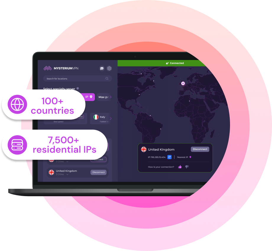 An image of a laptop with Mysterium VPN app launched on it