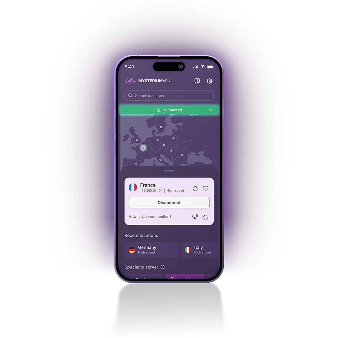 An image of a phone with a Mysterium VPN app loaded on it