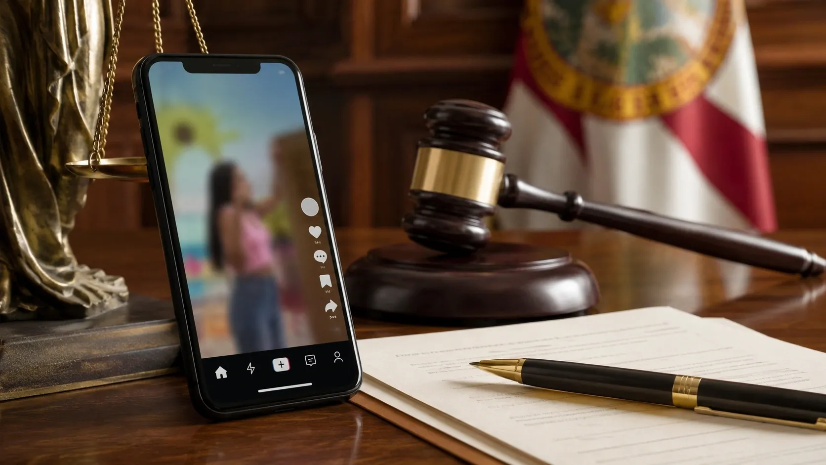A smartphone showing a social media app is standing on judge's table