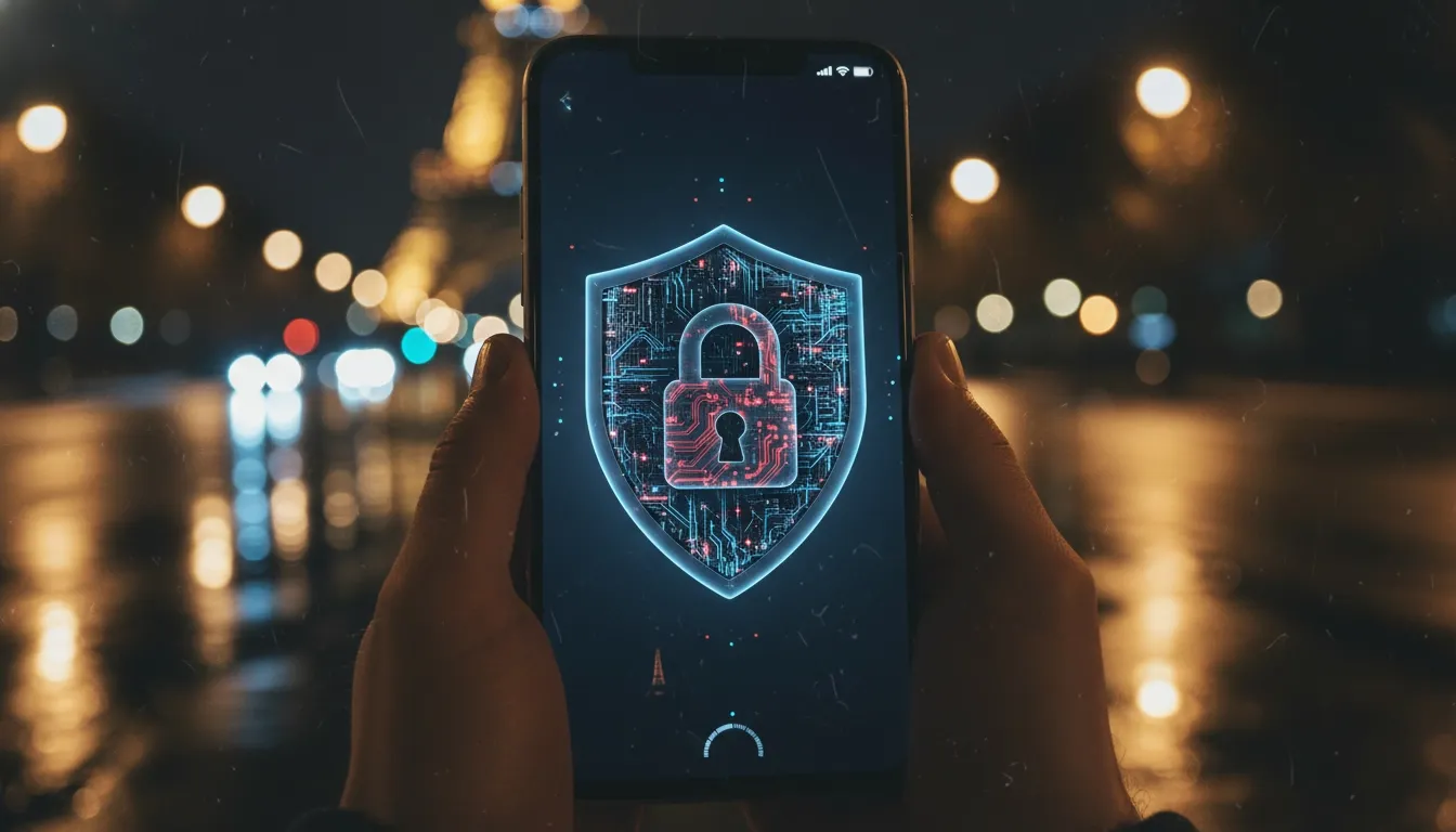 Person holding a phone with a locked out VPN in front of an Eifel tower in France