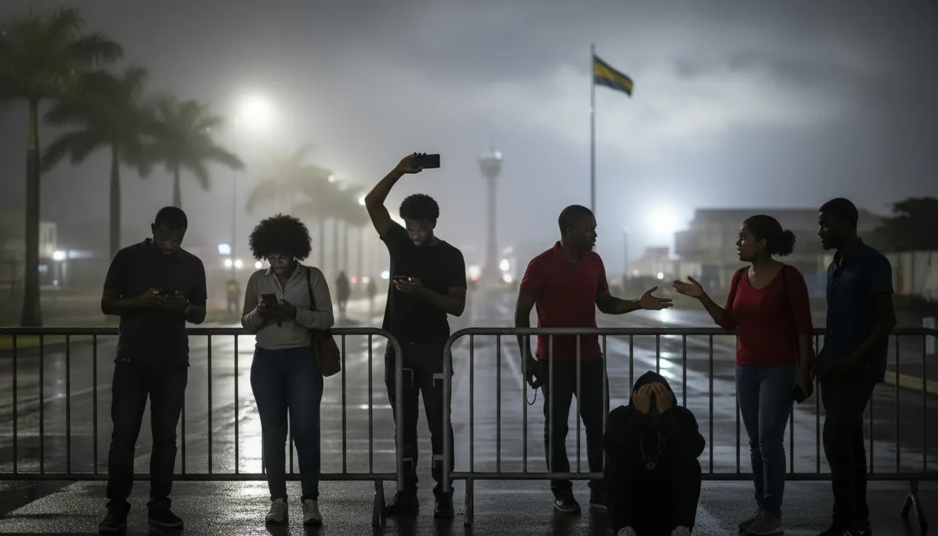 People in Gabon standing at night, showing frustration as they try and fail to connect to social media