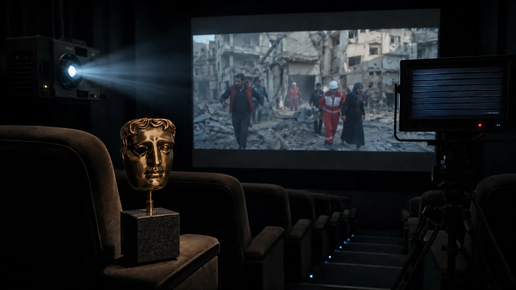 An empty cinema hall is showing the Gaza documentary with the BAFTA award standing on one of the chair's armrest