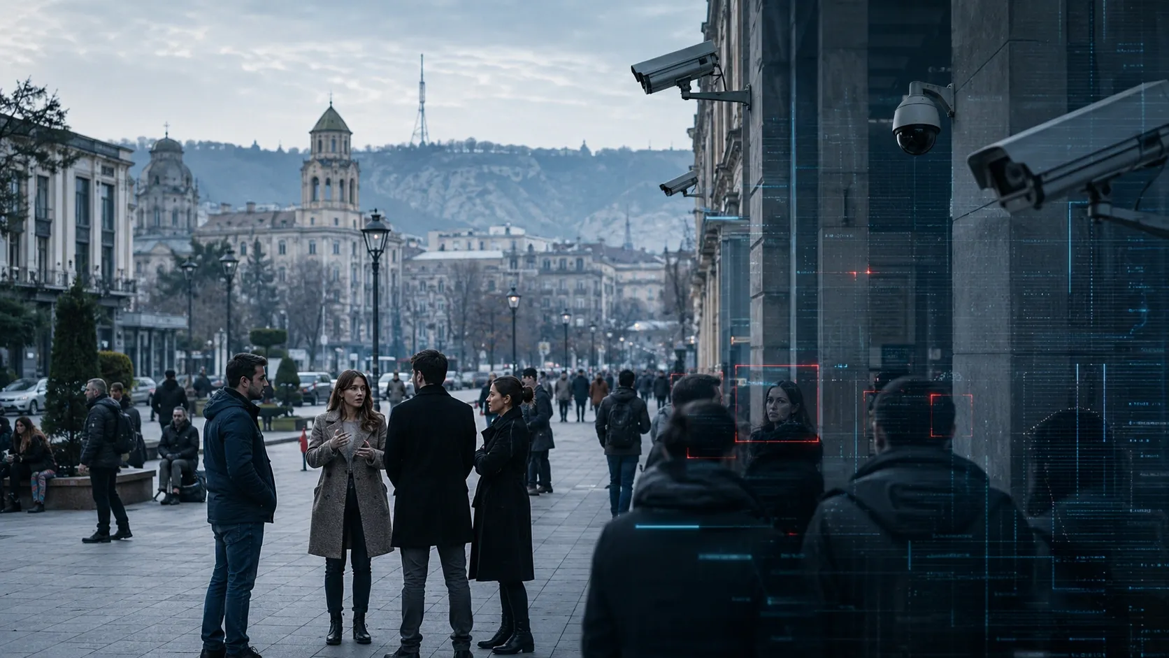 People in the streets of Georgia are talking while being observed by the "Hate Speech" unit