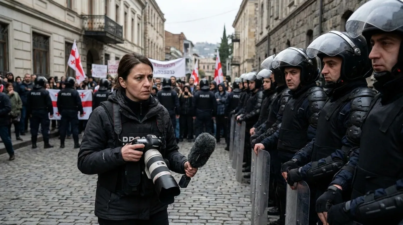 Journalist in Georgia is standing in front of riot police while the rest of protesters stand in the background