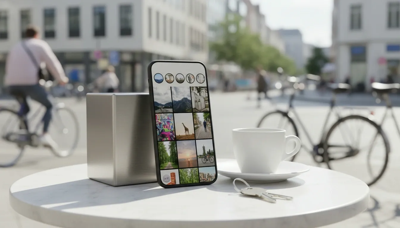 A phone with social media app open stands on a coffee table in Germany