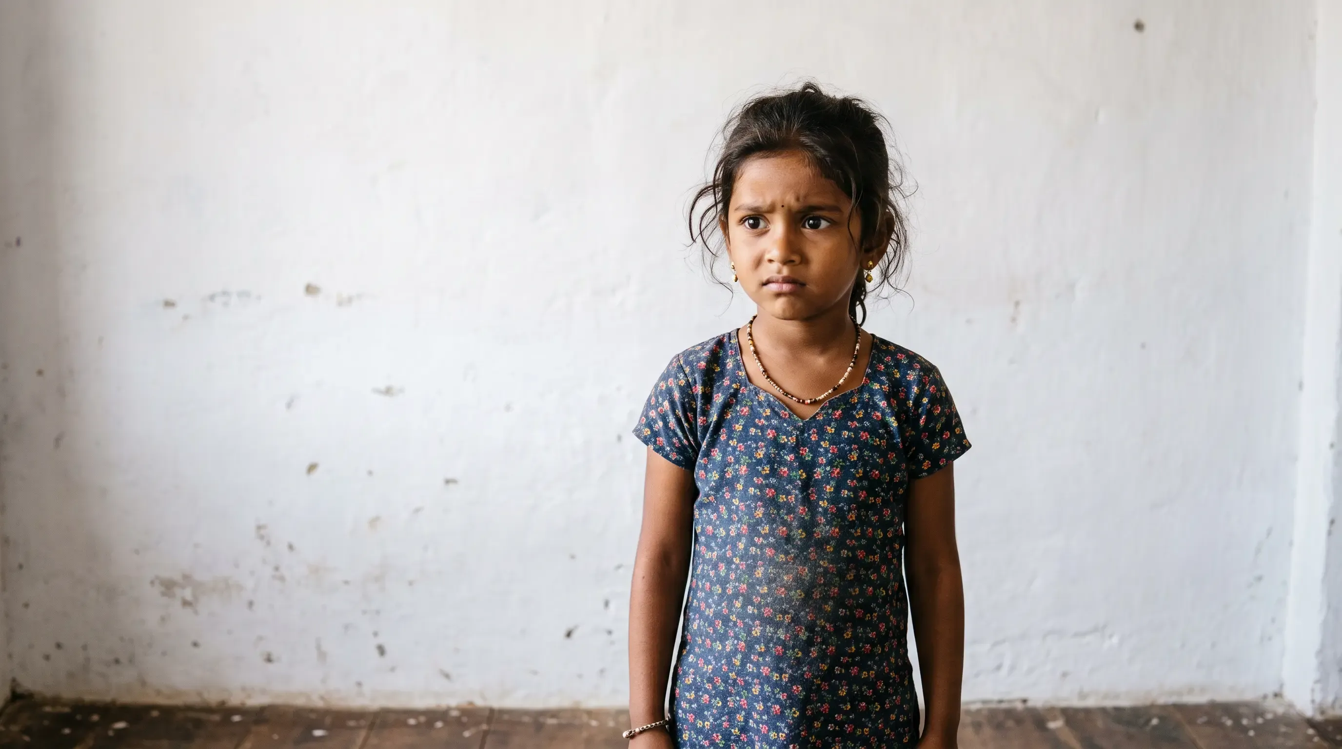 A young girl from the Global South looks confused as she stands against a white wall