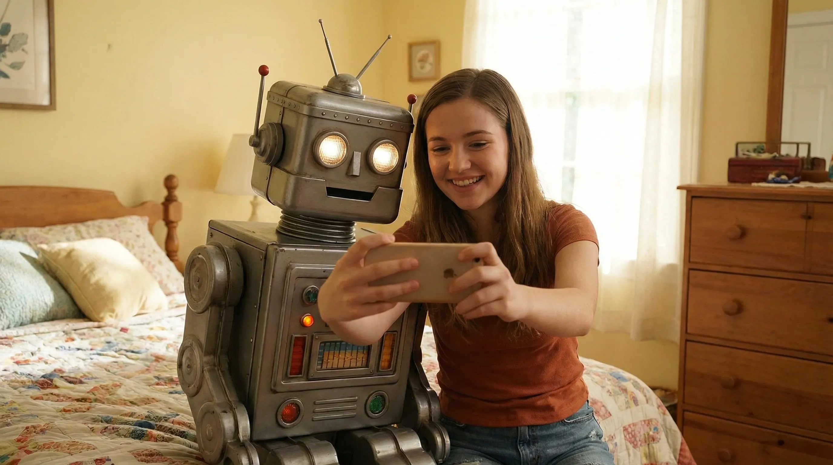 An image of a girl and an old-timey robot taking a selfie