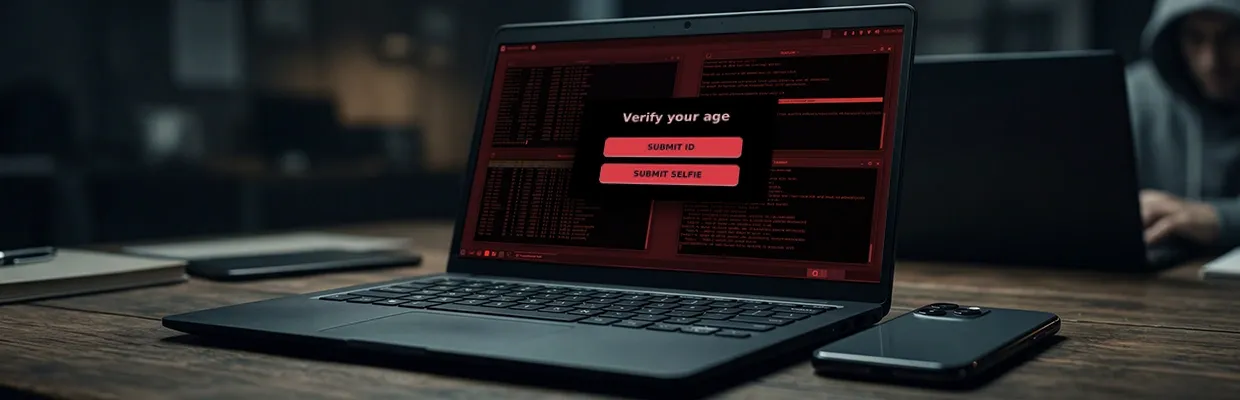 An open laptop with OS requiring user to confirm their age before they can use it stands on a table