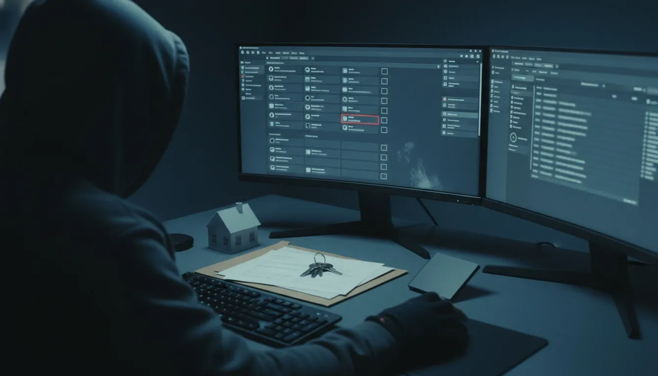 Hacker sitting in front of their PC, uploading company's documents to an underground hacker forum