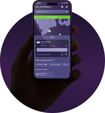 An image showing a hand in the shadow holding up a phone with Mysterium VPN on it