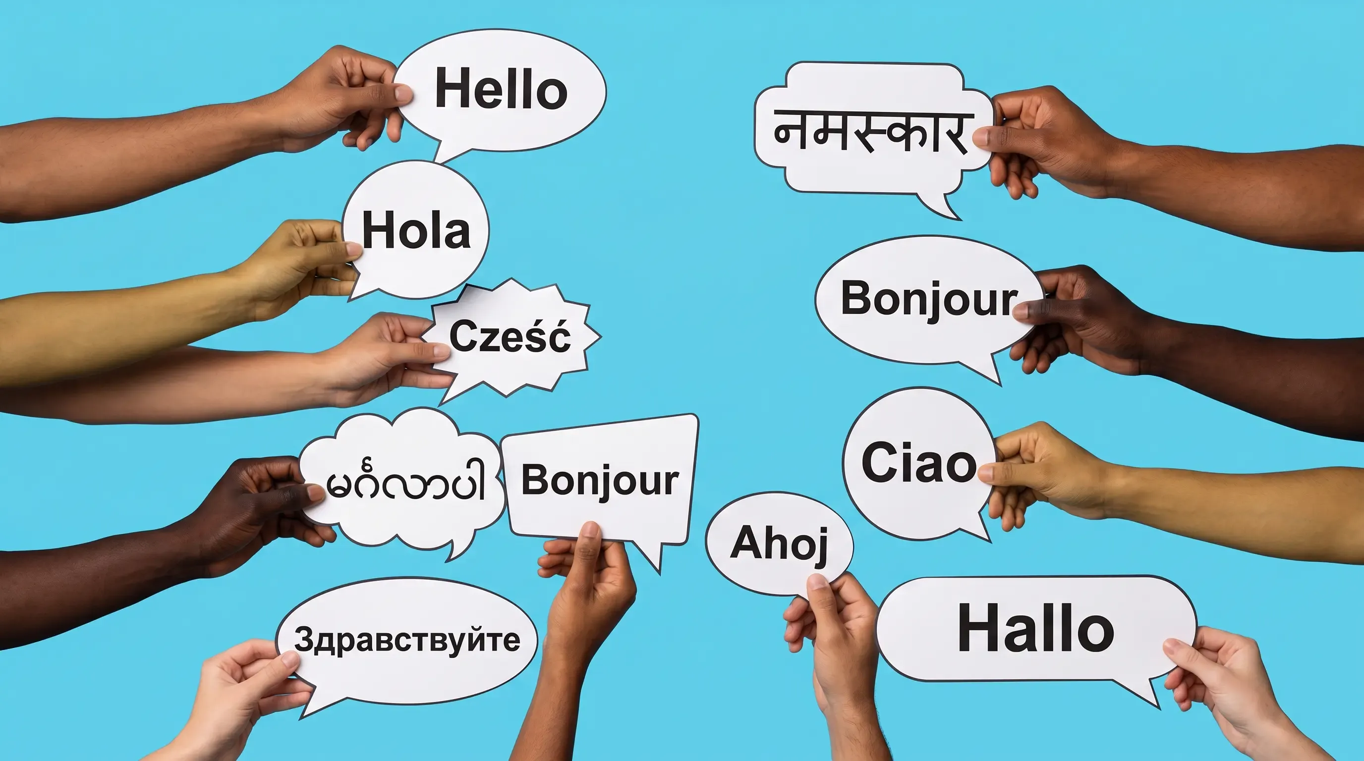 An image of out-of-frame people holding up white paper chat bubbles with greetings in multiple languages