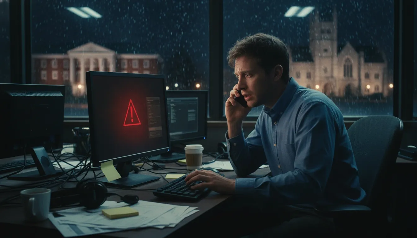 University employee panicking while talking on the phone and sitting in front of their pc which is showing a warning