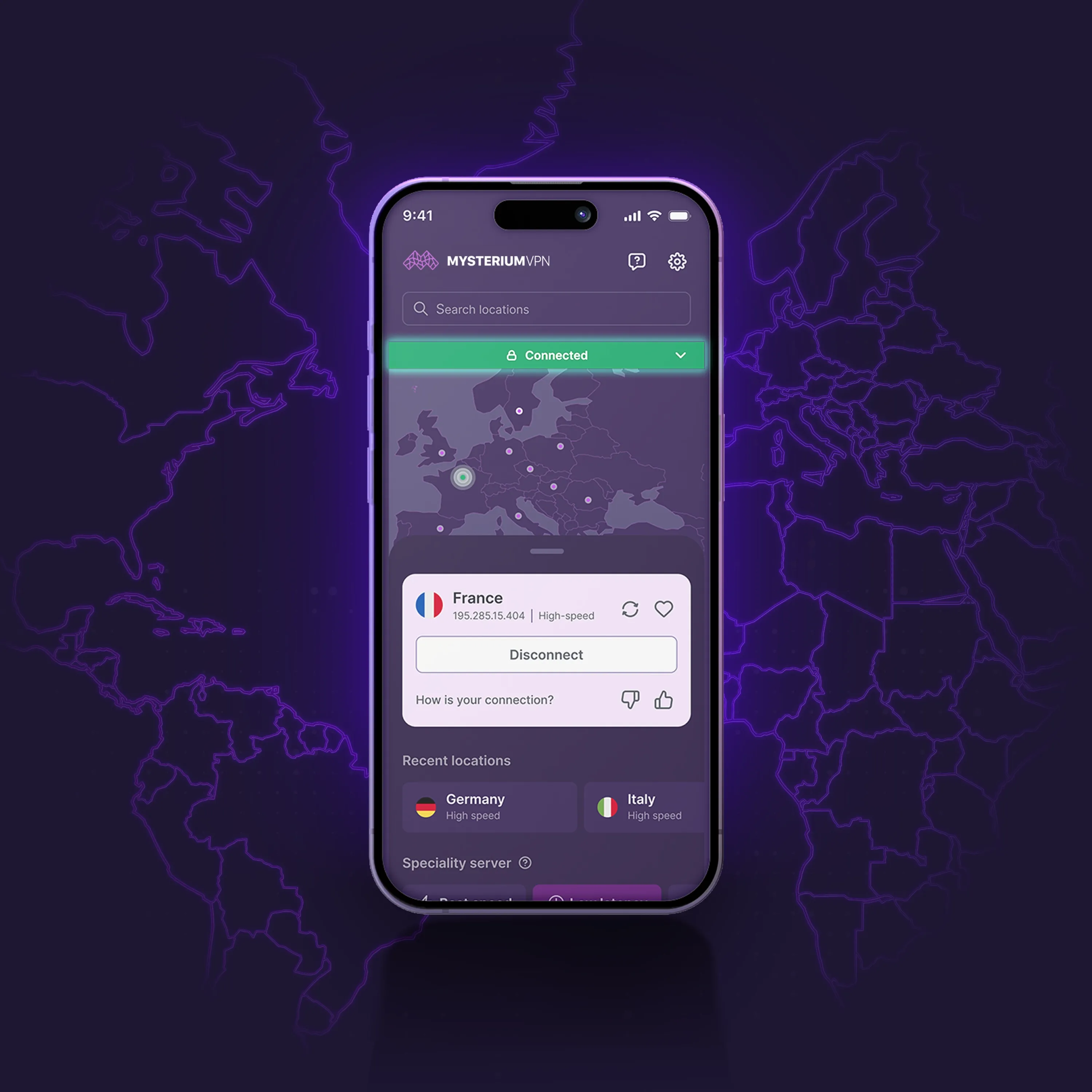 An image of a phone with a Mysterium VPN app loaded on it