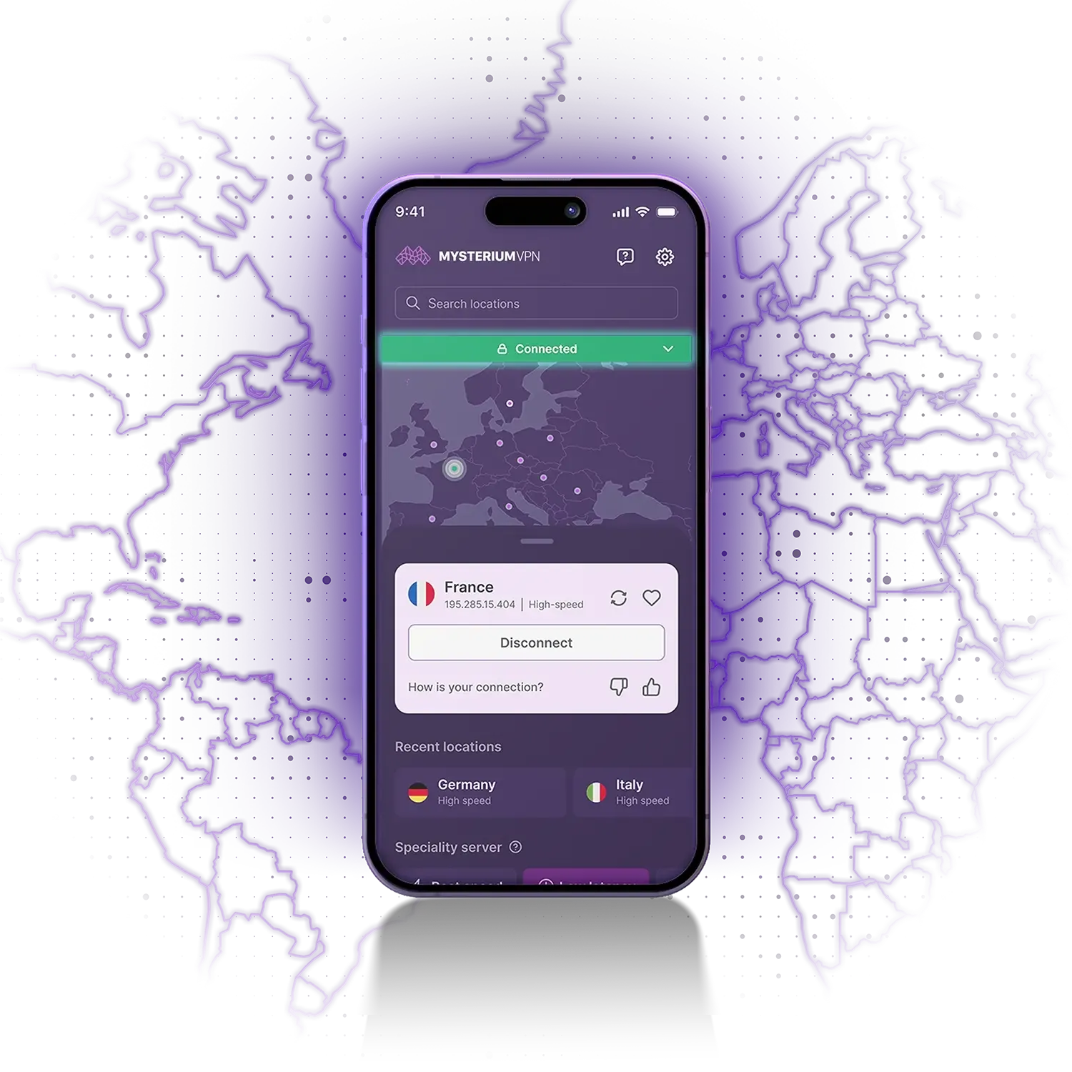 An image of a phone with a Mysterium VPN app loaded on it
