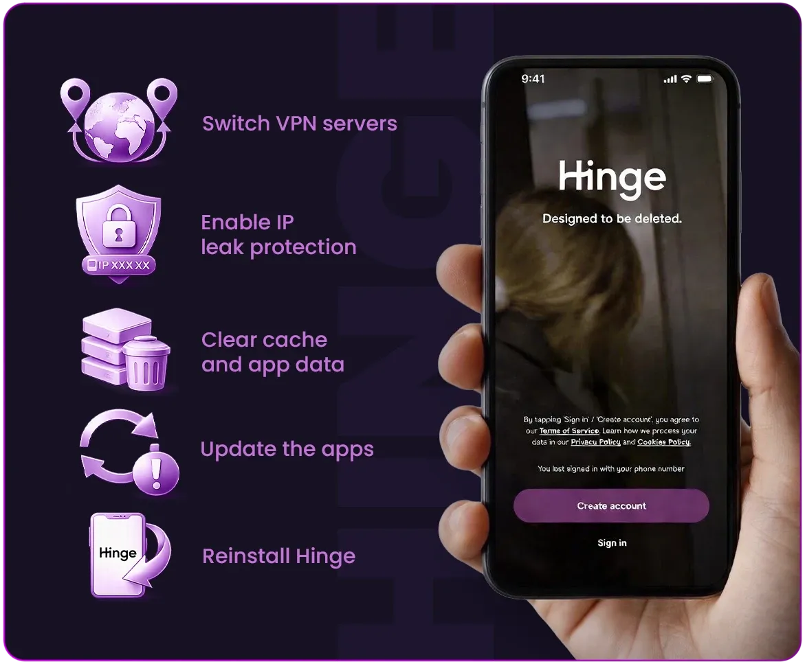An image showing different ways to fix VPN not working with Hinge