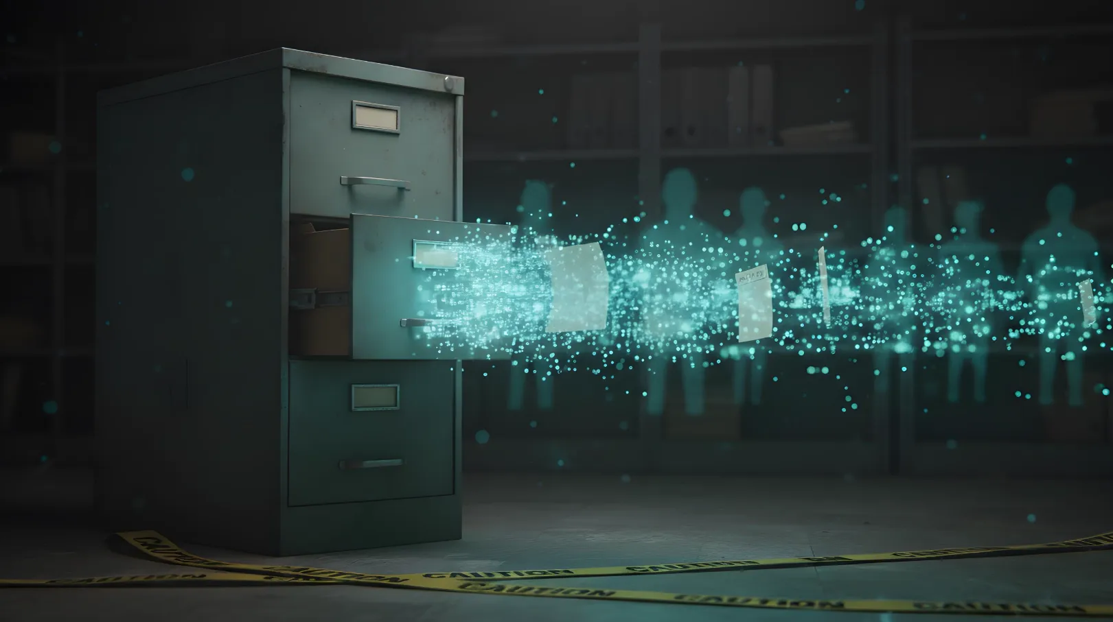 Open cabinet from metal filing cabinet labeled "IDHS Records" spilling personal records as pixels