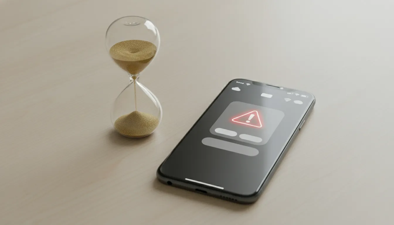 A smartphone with a warning sign lays on the table while a sand clock is halfway out of time next to it