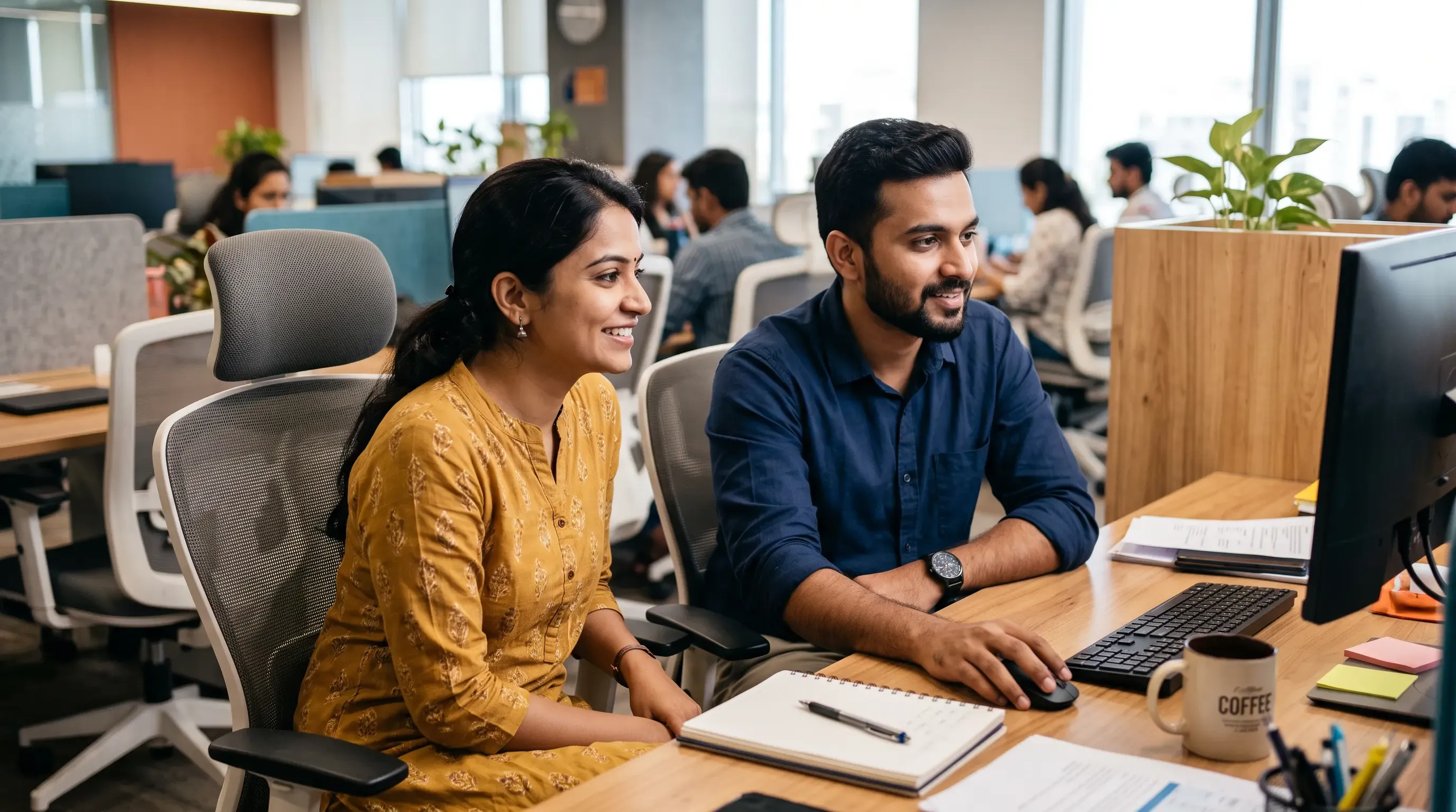 A couple of young Indian professionals looking at a computer screen in an office