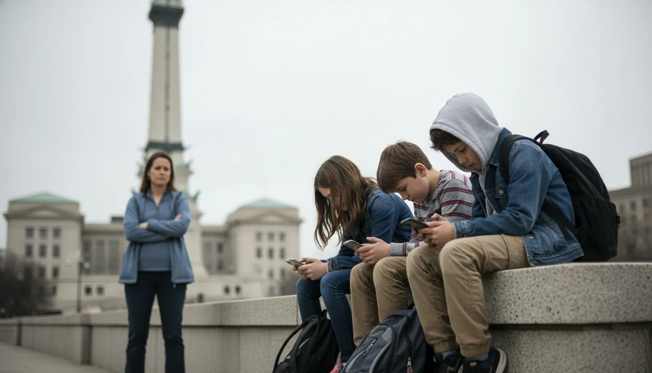 Kids in Indiana sitting on a stone curb all watching their phones while their teacher observers from afar.