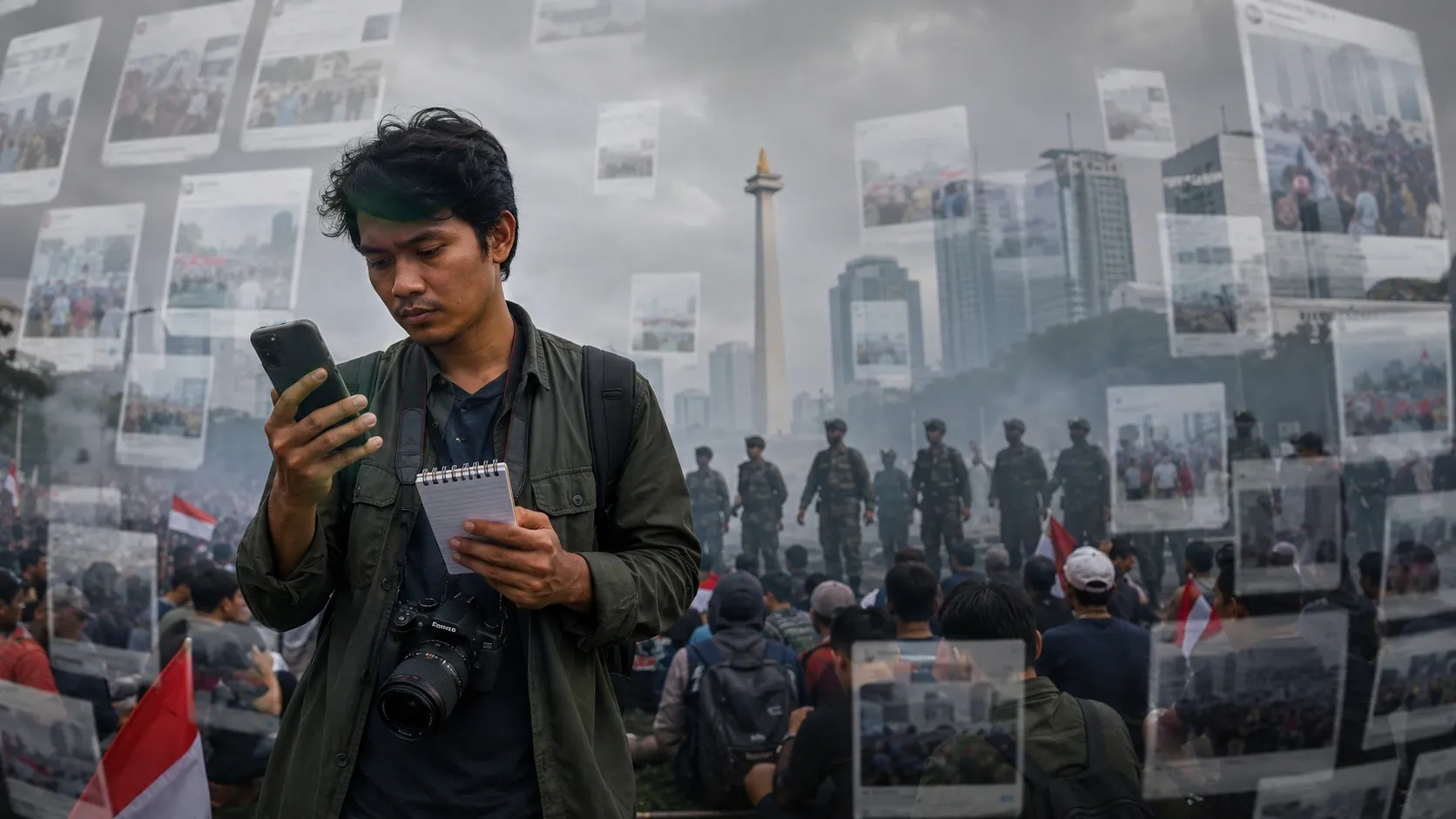 A journalist in Indonesia checks their phone to see that they have been branded a foreign spy