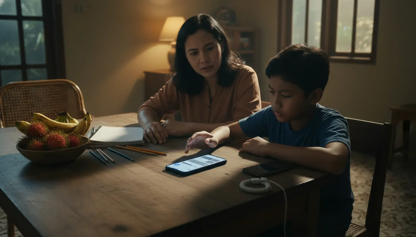 Mom and son in Indonesia are sitting at home at the table, setting up the son's phone for the age verification