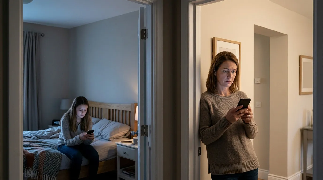 Teen in the room on the left is sitting on her bed and looking at her phone with a sad face, while her mother in the next room is looking at her phone concerned after receiving the alert