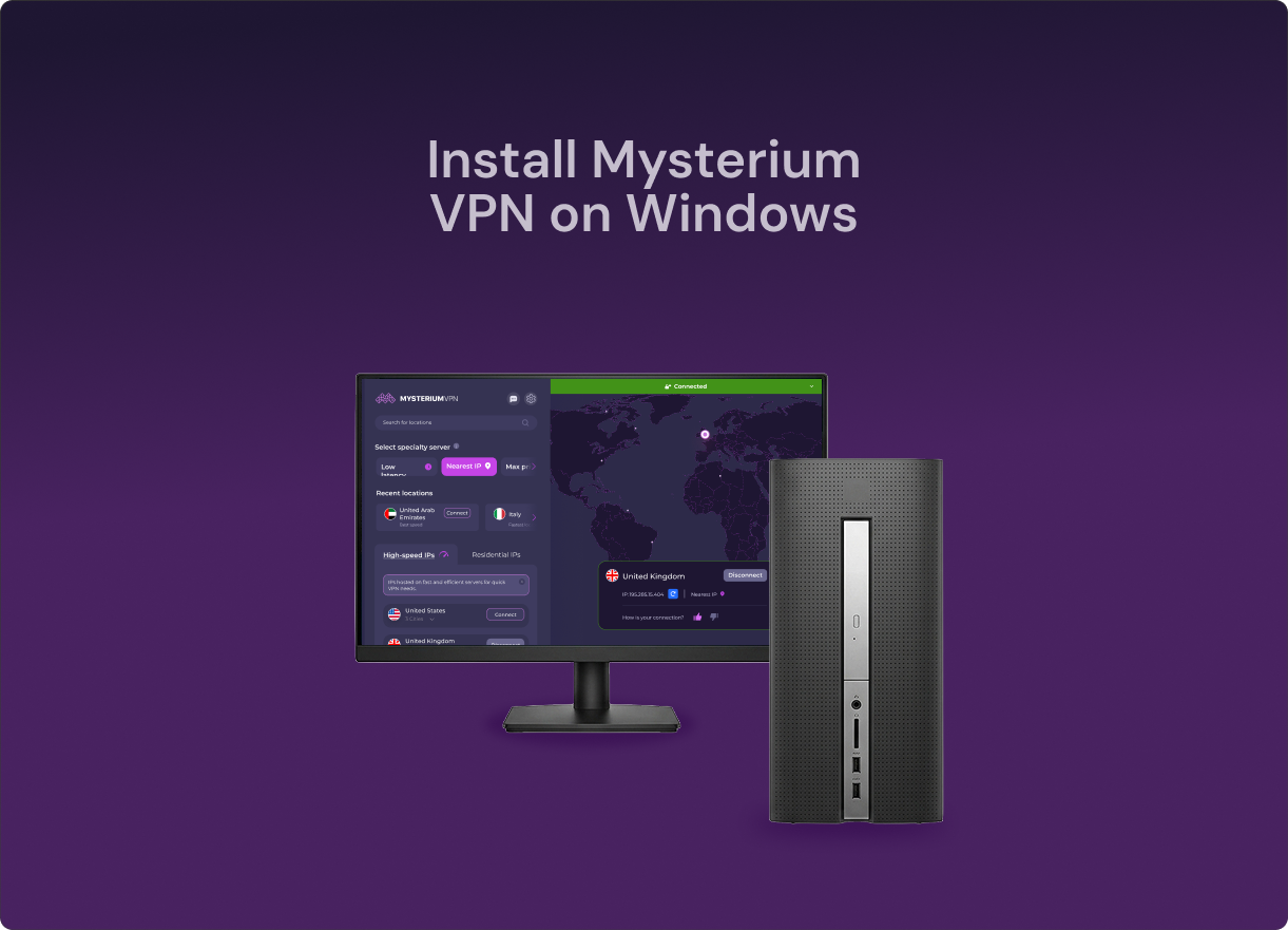 An image of a Windows computer with thr Mysterium VPN app loaded on it