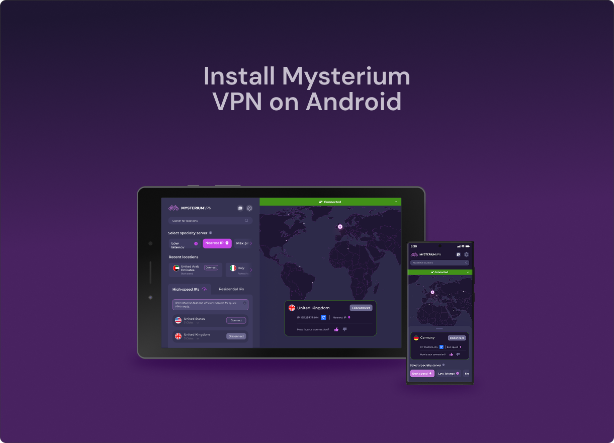 An image showing Android devices with Mysterium VPN on it