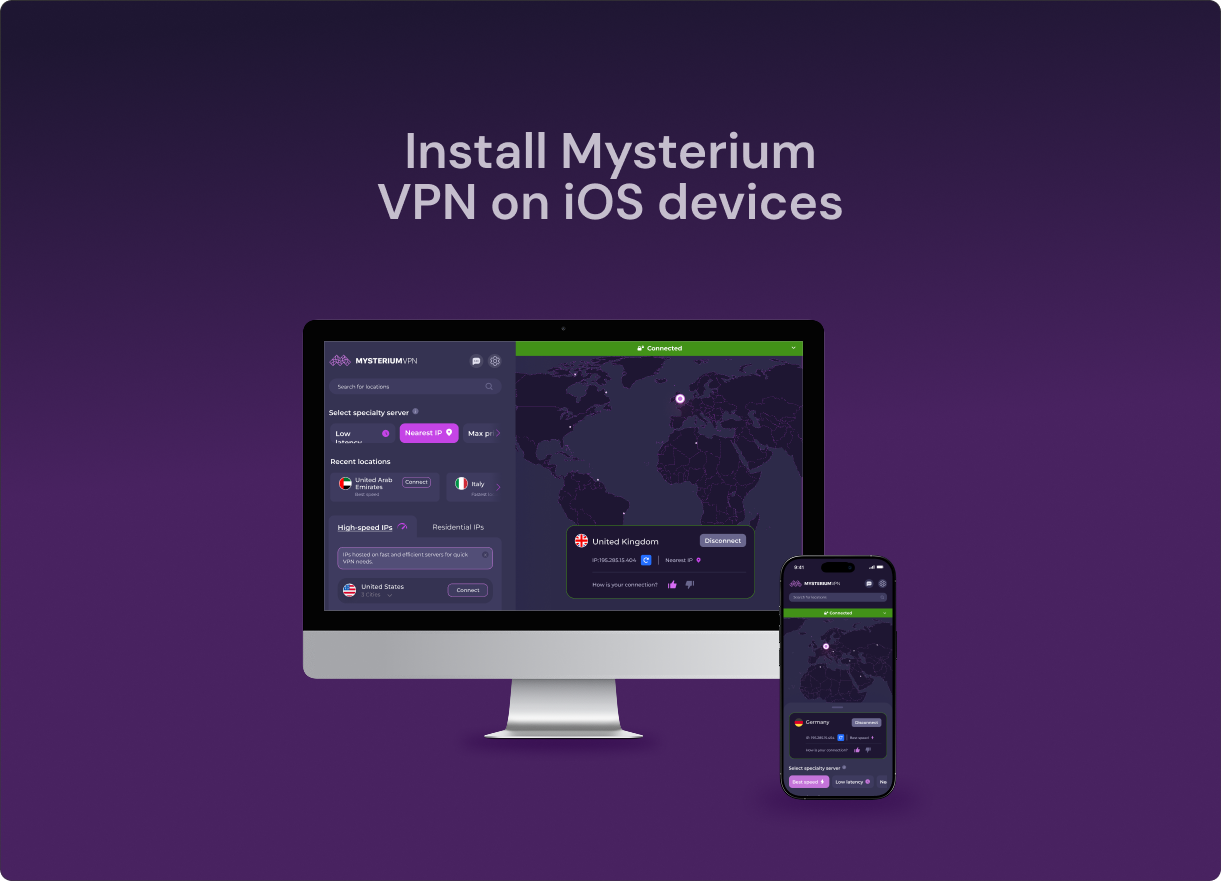 An image of an iPhone and MacBook with a Mysterium VPN app loaded on them