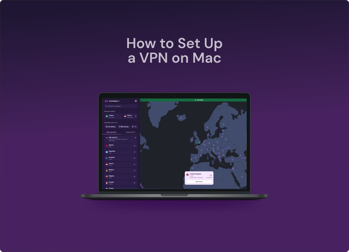 An illustration of a Mac laptop with Mysterium VPN installed on it