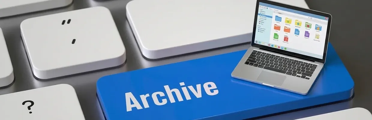 A closeup image of a keyboard key titled "Archive" with a tiny laptop sitting on it
