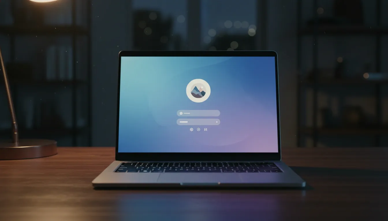 Laptop standing on a table at night, prompting the user to log into their account that will be syched up with cloud