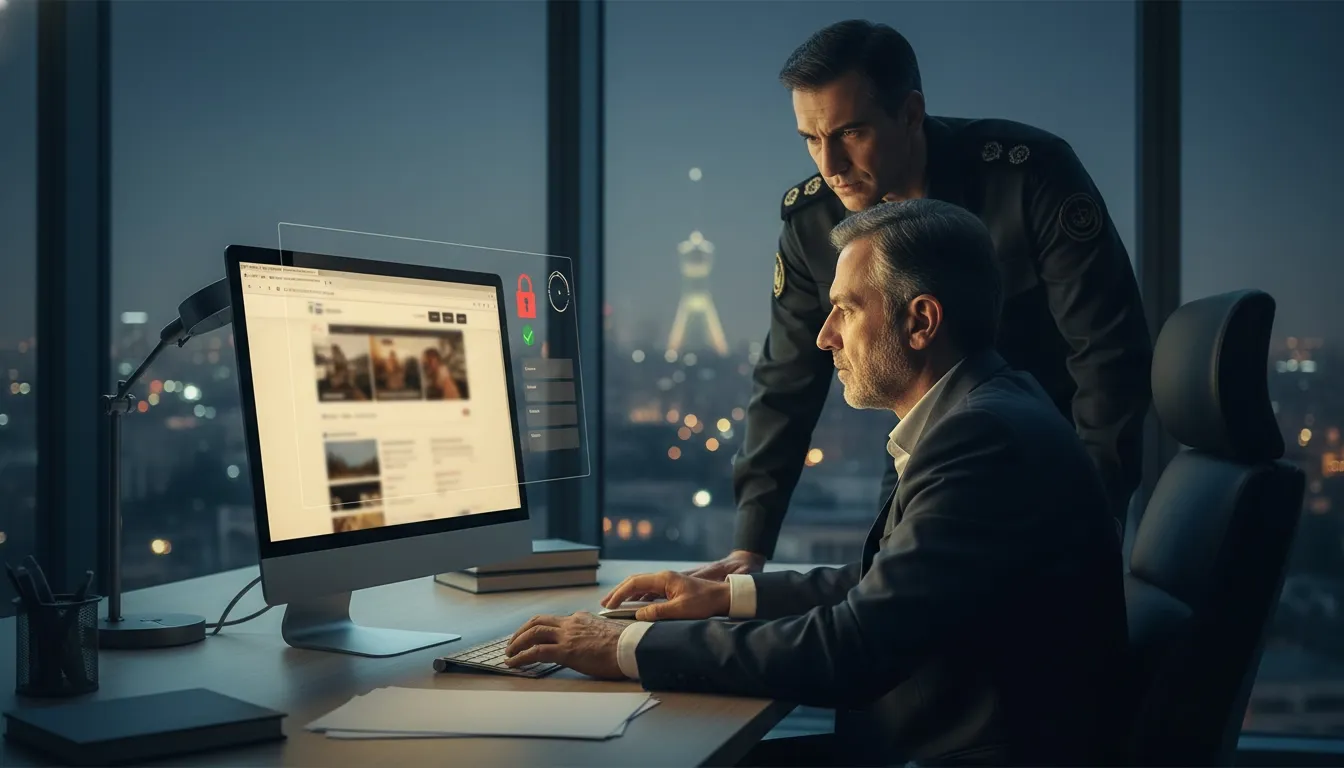 A businessman in Iran is browsing the internet while an officer is watching closely his every move