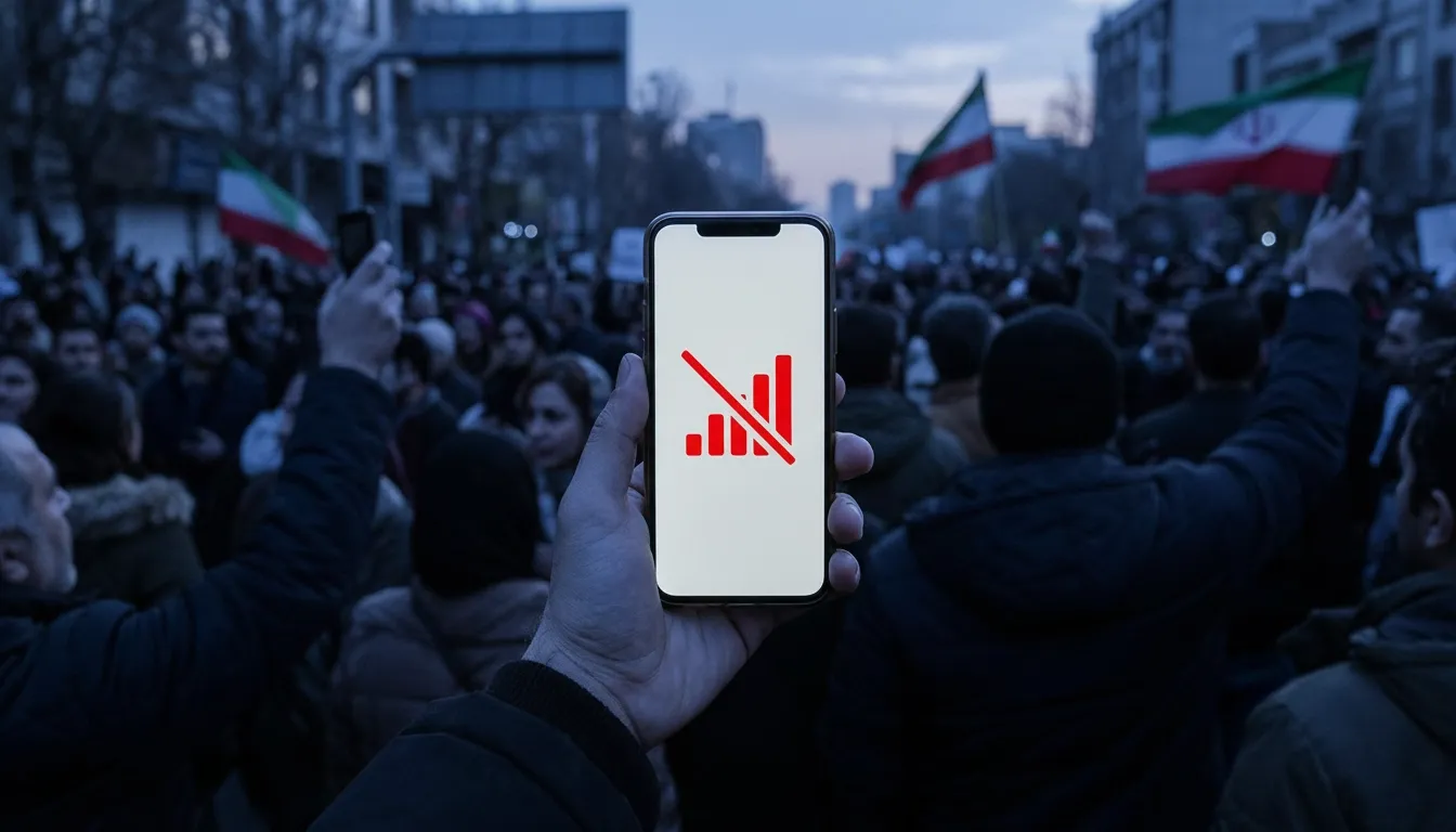A man in a protest holding out their phone which shows that there's absolutely no signal
