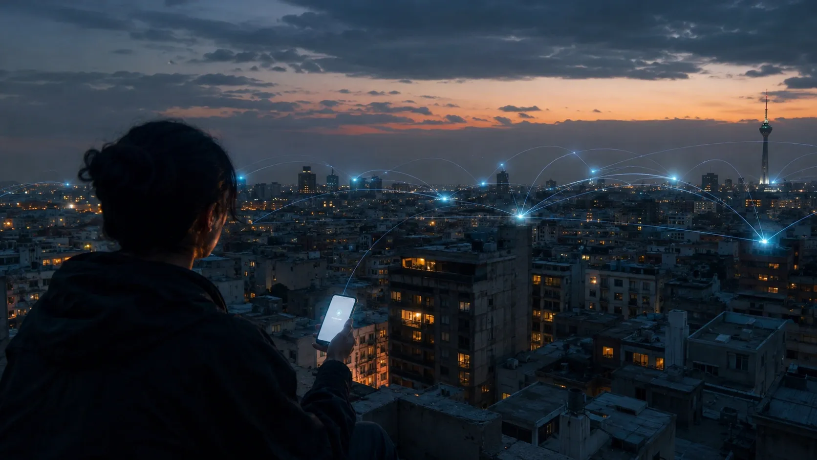 A person stands on a rooftop in Iran finally being able to connect to the internet after the longest blackout in history