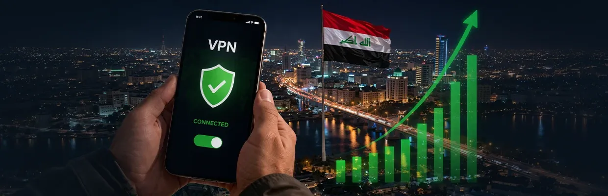 A person holding a smartphone connected to a VPN while the background shows a city in Iraq