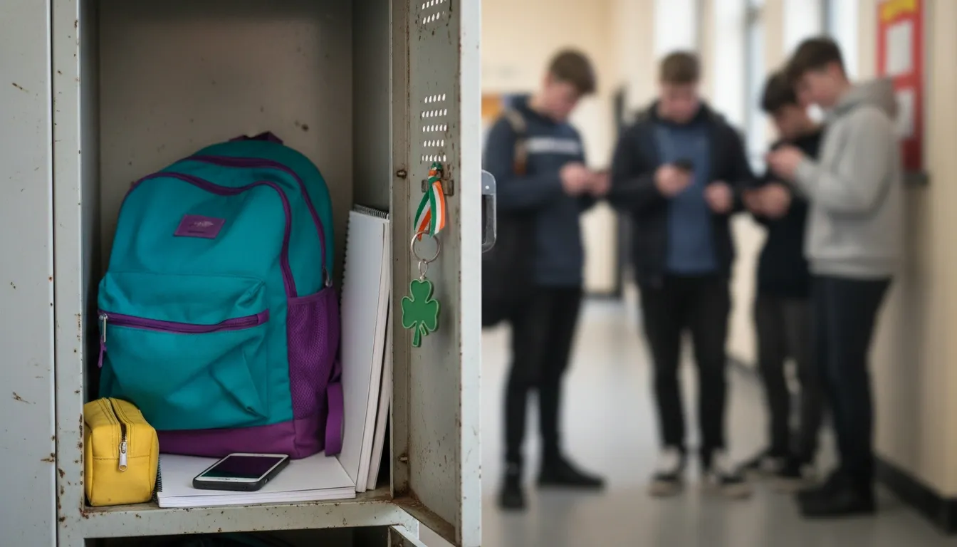 A scene at school, where an open student's locker shows a phone left behind, while kids in the background are all immersed in their phones