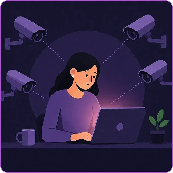 An illustration of a woman being monitored while she uses her laptop