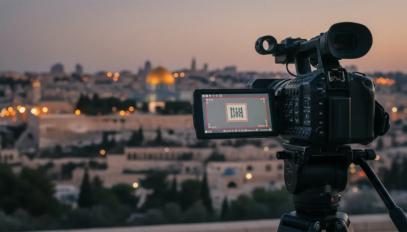 A news reporter's camera is pointed at Jerusalem but the LCD screen on it shows that it's being blocked