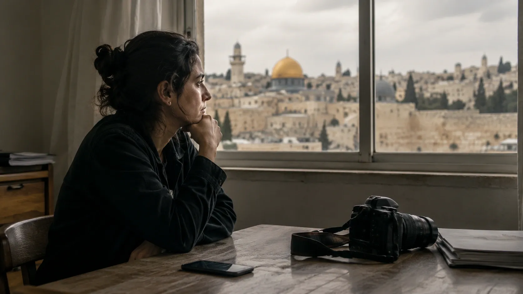 A journalist in Jerusalem is sitting with her camera and phone on the table after being given house arrest and social media ban
